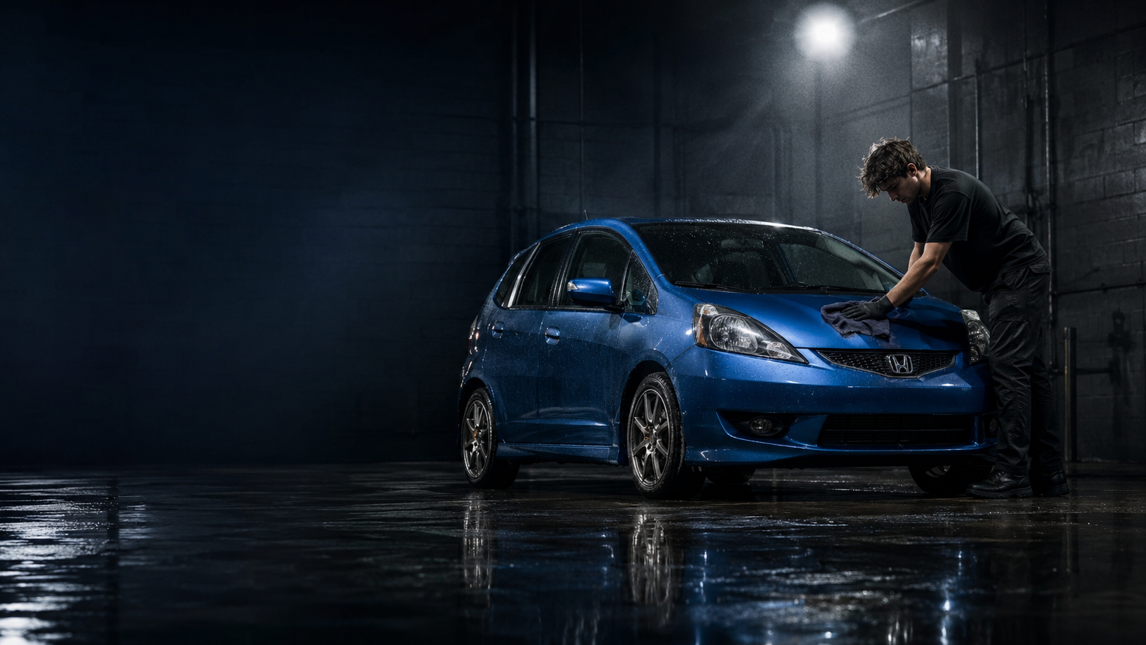 Honda Fit being detailed in a dark studio
