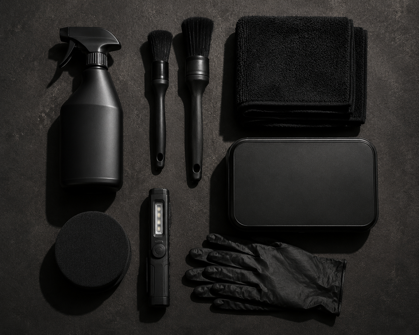 Detailing tools arranged on a dark surface