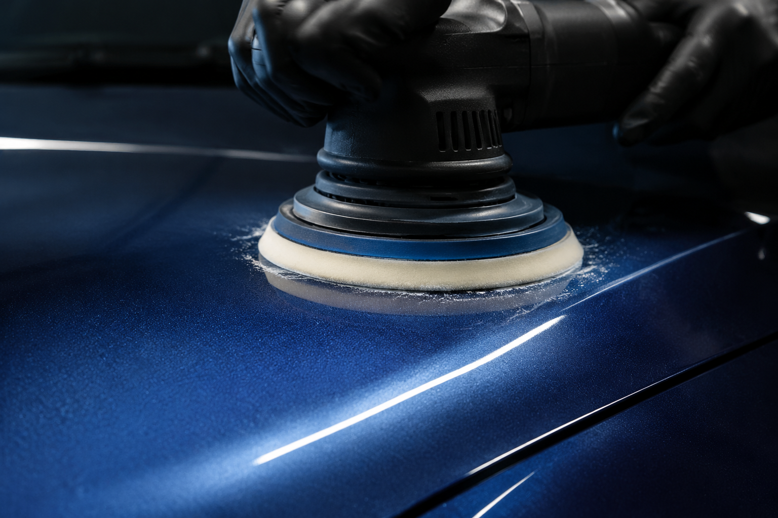 Machine polish on blue paint